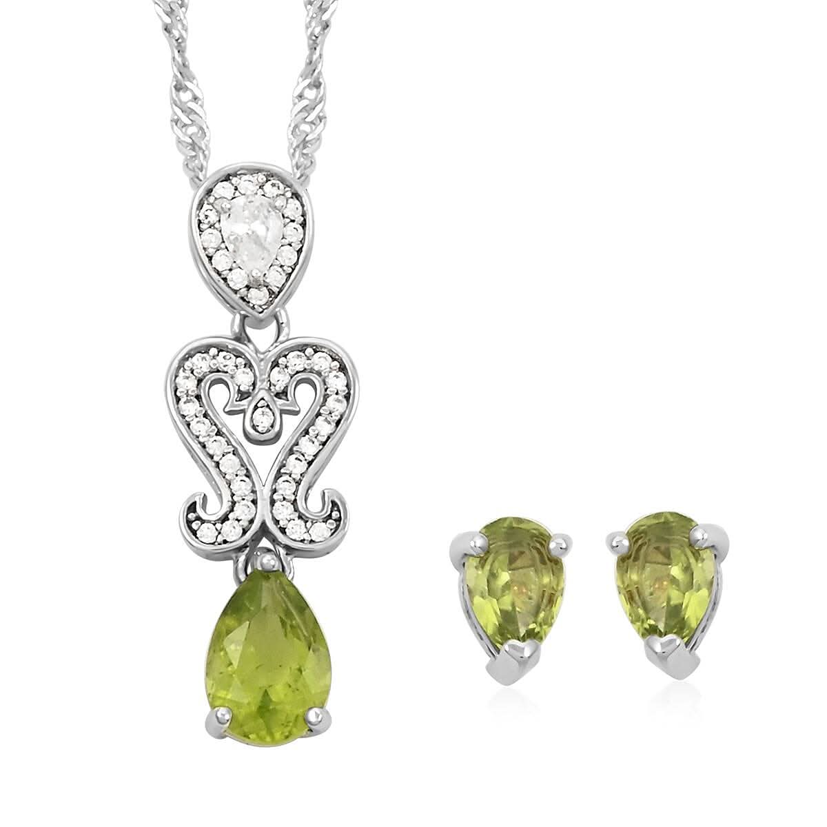 Simulated Peridot and Simulated Diamond 3.00 ctw Earrings, Pendant Necklace in Silvertone 18 Inches
