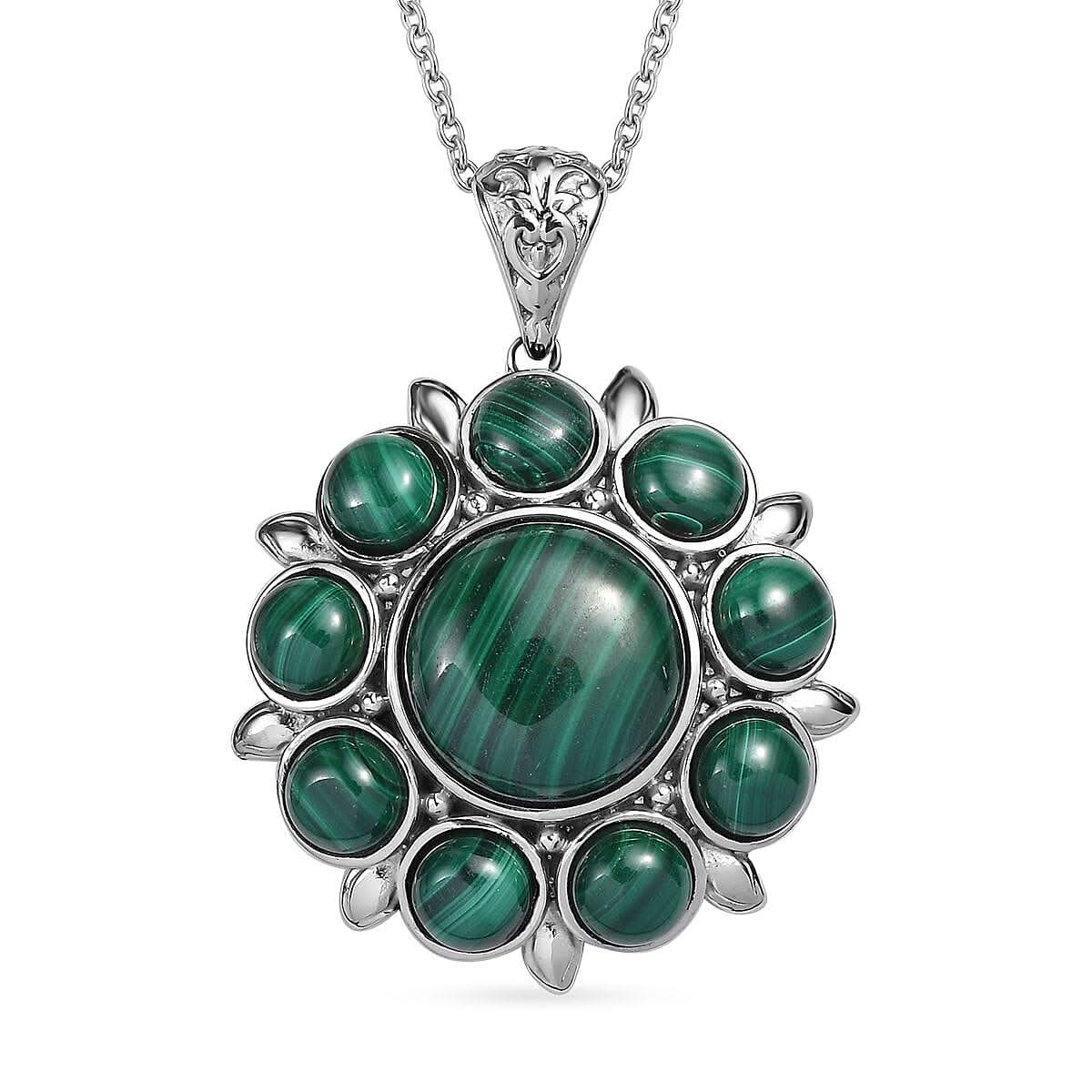 African Malachite Floral Pendant Necklace (20 Inches) in Stainless Steel 23.00 ctw