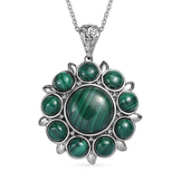 African Malachite Floral Pendant Necklace (20 Inches) in Stainless Steel 23.00 ctw