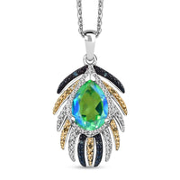 Peacock Quartz (Triplet) and Multi Diamond 2.25 ctw Peacock Feather Pendant Necklace in Rhodium Over Sterling Silver 20 Inches