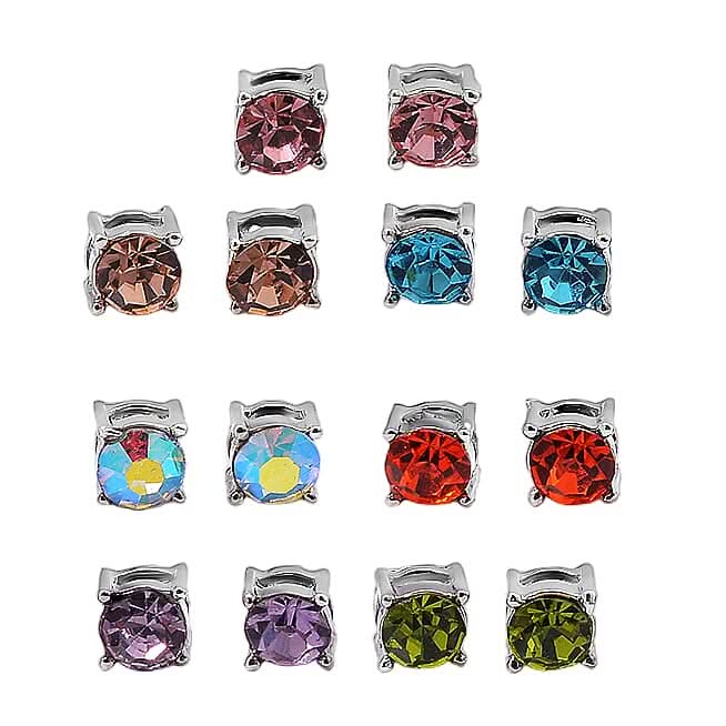 Set of 7 Multi Color Austrian Crystal Solitaire Stud Earrings in Silvertone