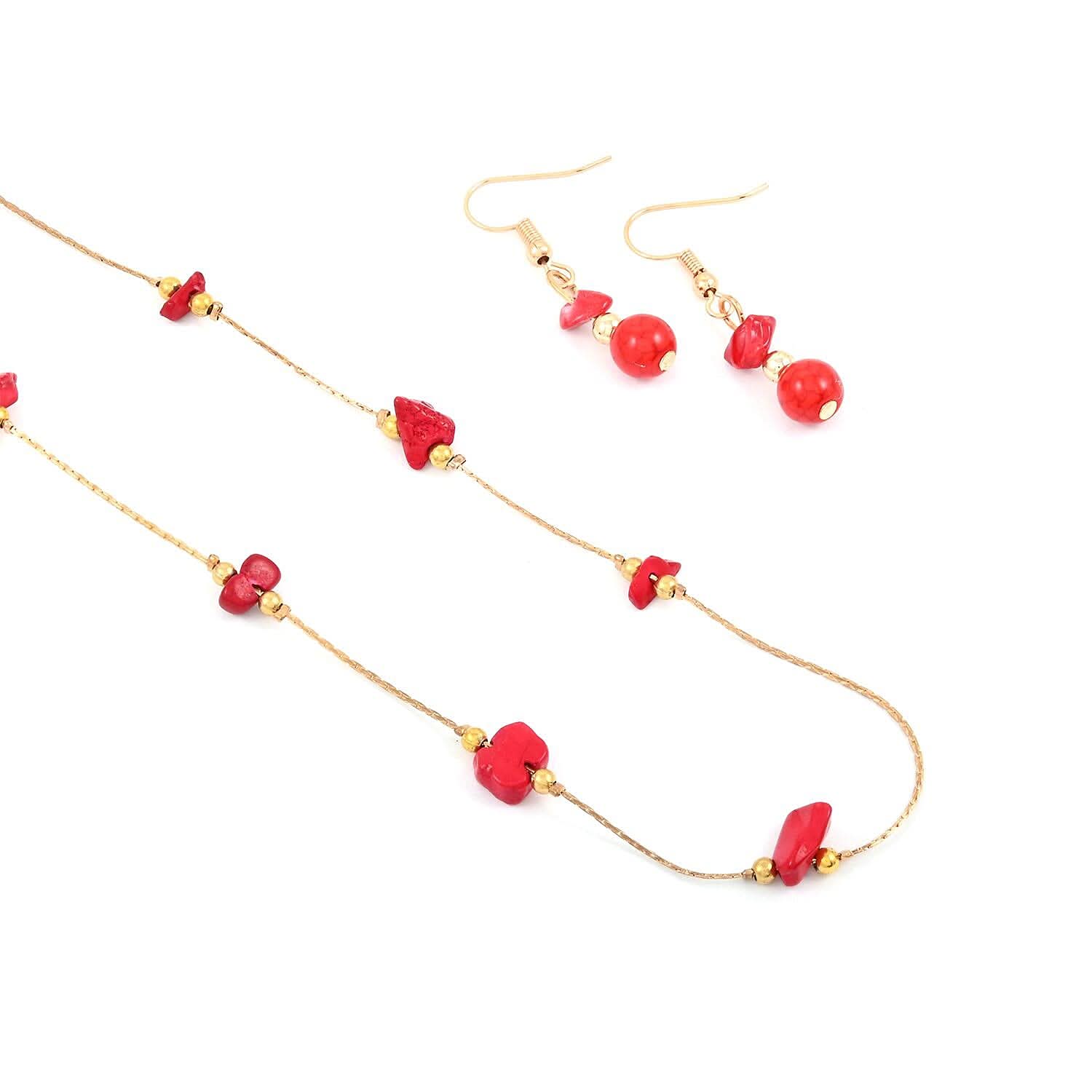 Constituted Red Howlite 16.80 ctw Necklace and Earrings in Goldtone 18 Inches