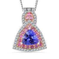 TLV Tanzanite (Oval), Multi Gemstone Double Halo Pendant Necklace (20 Inches) in Rhodium Over Sterling Silver 1.85 ctw