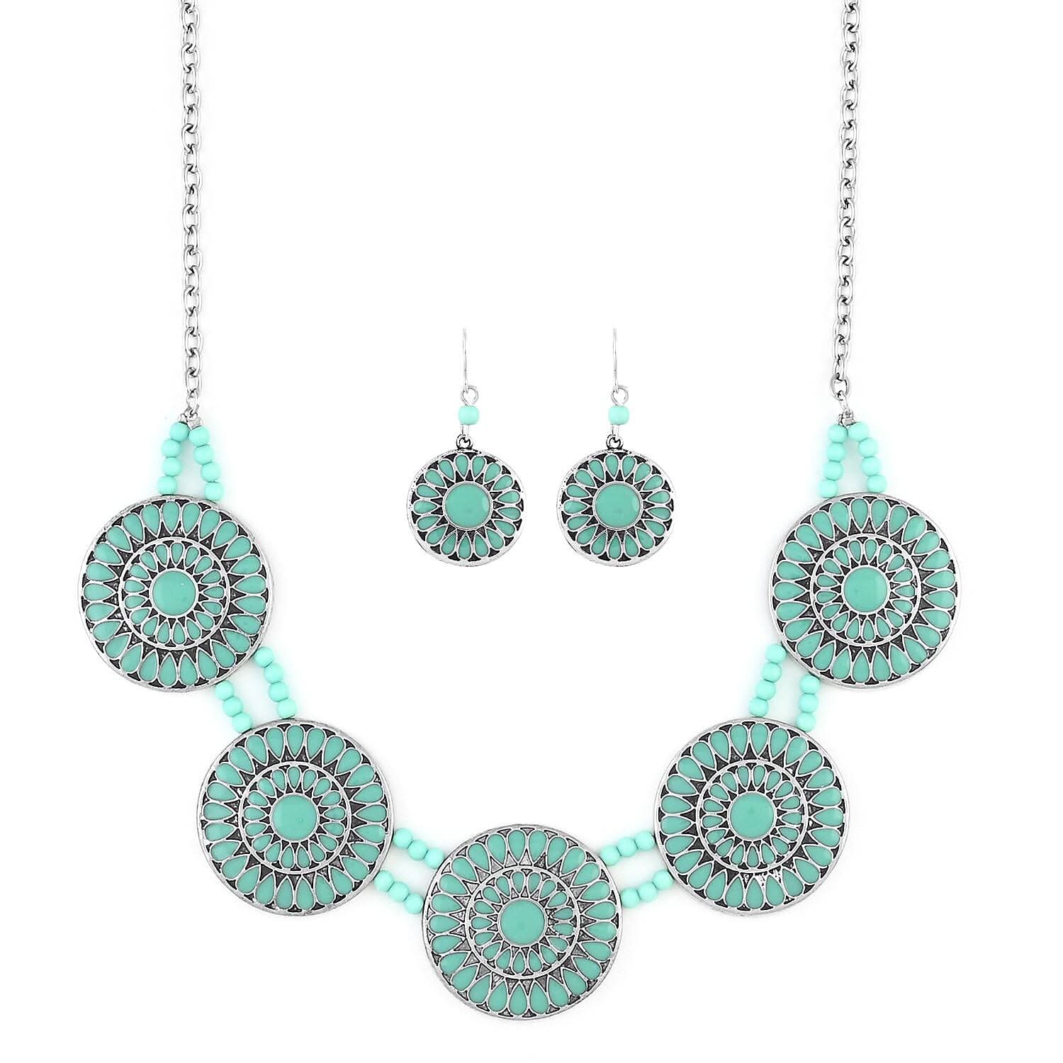Turquoise 0.40 ctw Statement Enameled Necklace and Earrings in Silvertone 18 Inches