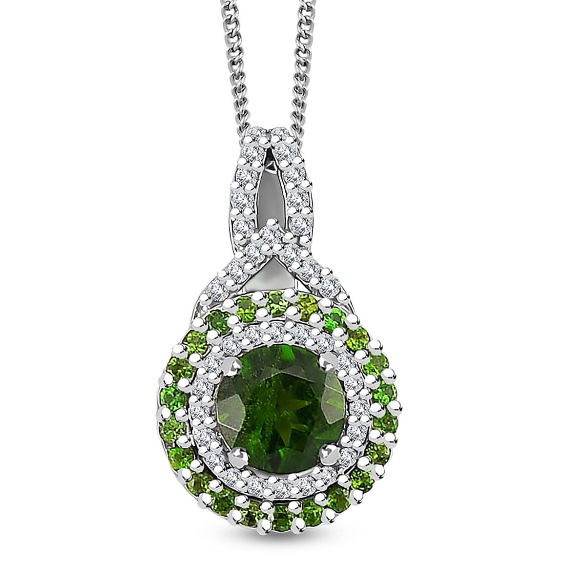 Chrome Diopside and White Zircon 0.80 ctw Double Halo Pendant Necklace 20 Inches in Platinum and Rhodium Over Sterling Silver