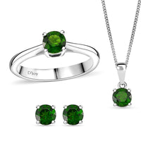 Chrome Diopside Stud Earrings, Solitaire Ring (Size 5) and Pendant Necklace (20 Inches) in Platinum and Rhodium Over Sterling Silver 2.20 ctw