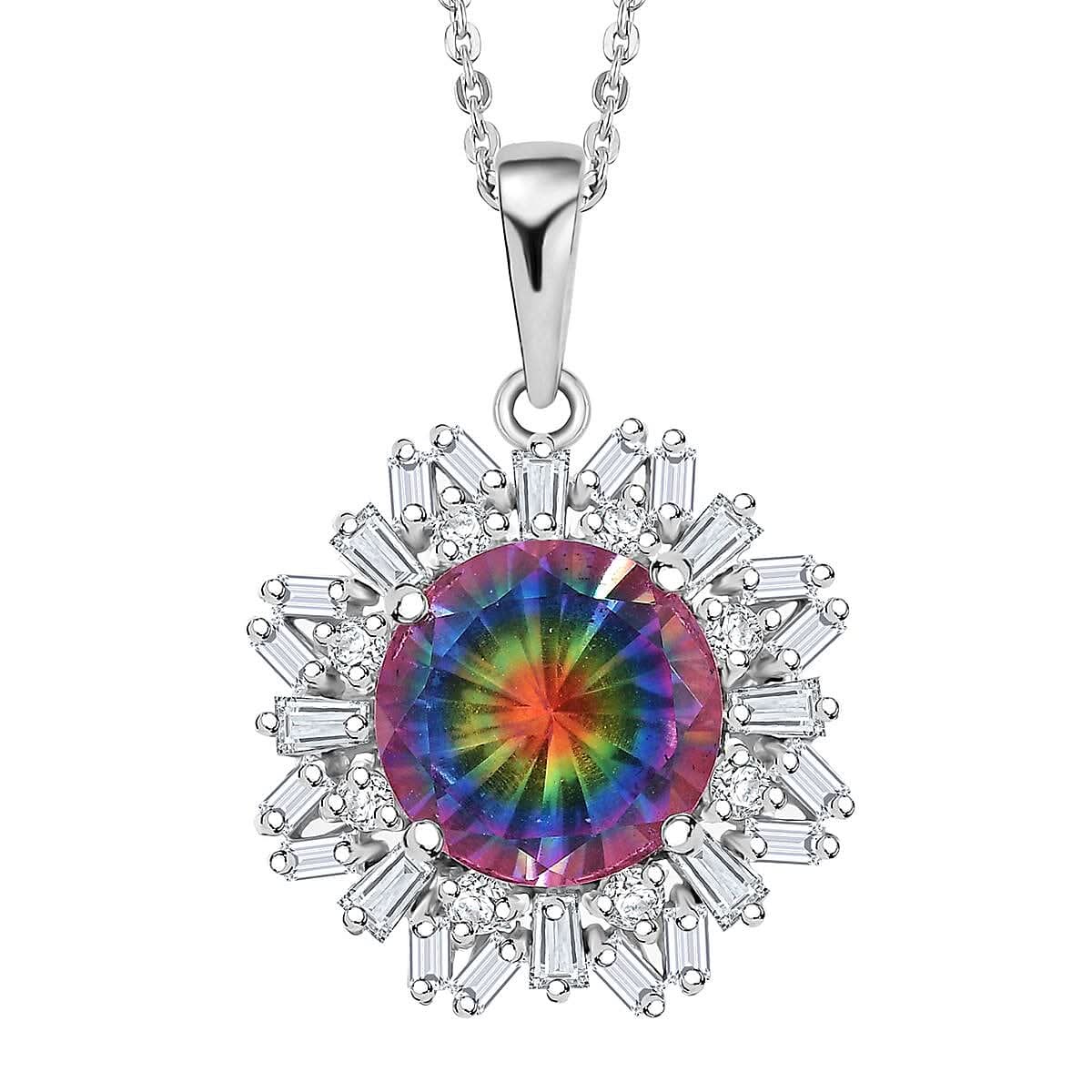 Nebula Quartz Doublet and Moissanite 3.80 ctw Sunburst Pendant Necklace in Rhodium Over Sterling Silver 20 Inches