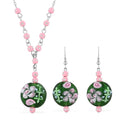 Green Glass, Enameled Rose Pendant Necklace 20 Inches and Earrings in Silvertone - Sticky add to cart bar