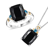 California Black Jade, Neon Apatite Ring (Size 6.0) and Pendant Necklace (20 Inches) in 18K Vermeil YG and Rhodium Over Sterling Silver 13.80 ctw