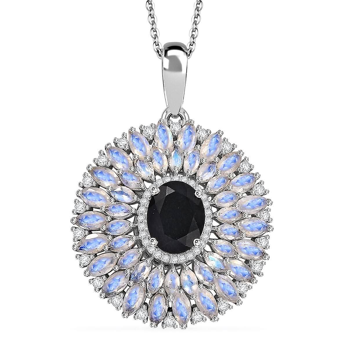California Black Jade and Multi Gemstone 8.25 ctw Dahlia Bloom Pendant Necklace in Rhodium Over Sterling Silver 20 Inches