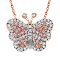 Natural Pink and White Diamond 0.35 ctw Butterfly Pendant Necklace in Vermeil Rose Gold Over Sterling Silver 20 Inches