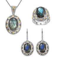 TLV Karis Malagasy Labradorite Earrings, Ring (Size 5.0) and Pendant in 18K YG Plated and Platinum Bond with Stainless Steel Necklace (20 Inches) 40.35 ctw