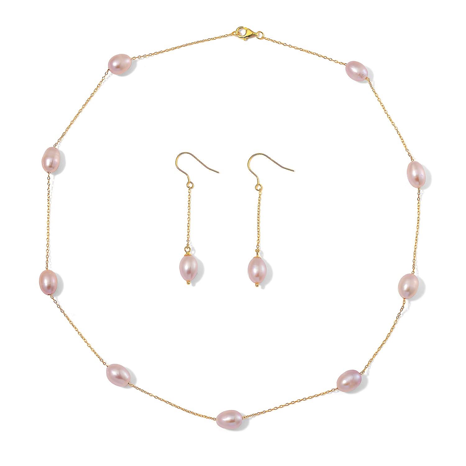 Multi Color Freshwater Pearl Station Necklace and Dangle Earrings in 14K Yellow Gold Over Sterling Silver 20 Inches