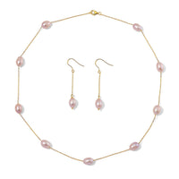 Multi Color Freshwater Pearl Station Necklace and Dangle Earrings in 14K Yellow Gold Over Sterling Silver 20 Inches