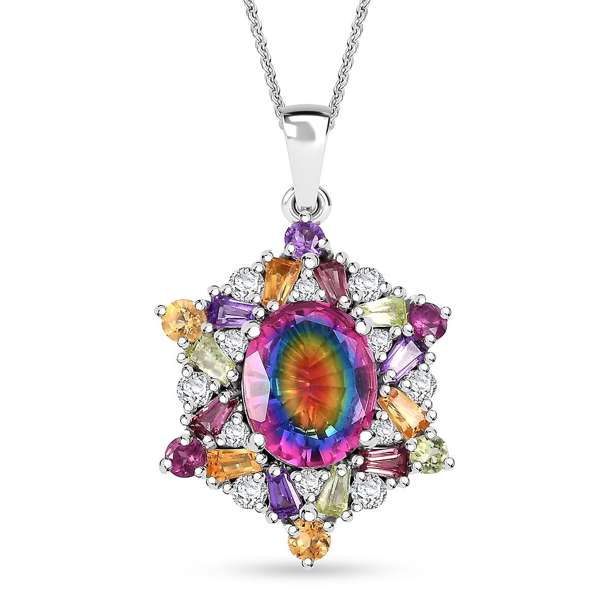 Nebula Quartz Doublet and Multi Gemstone 3.85 ctw Star Pendant Necklace in Rhodium Over Sterling Silver 20 Inches