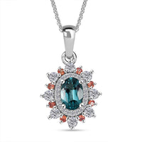 AAA Monte Belo Indicolite and Multi Gemstone 1.10 ctw Sunburst Pendant Necklace 20 Inches in Rhodium Over Sterling Silver