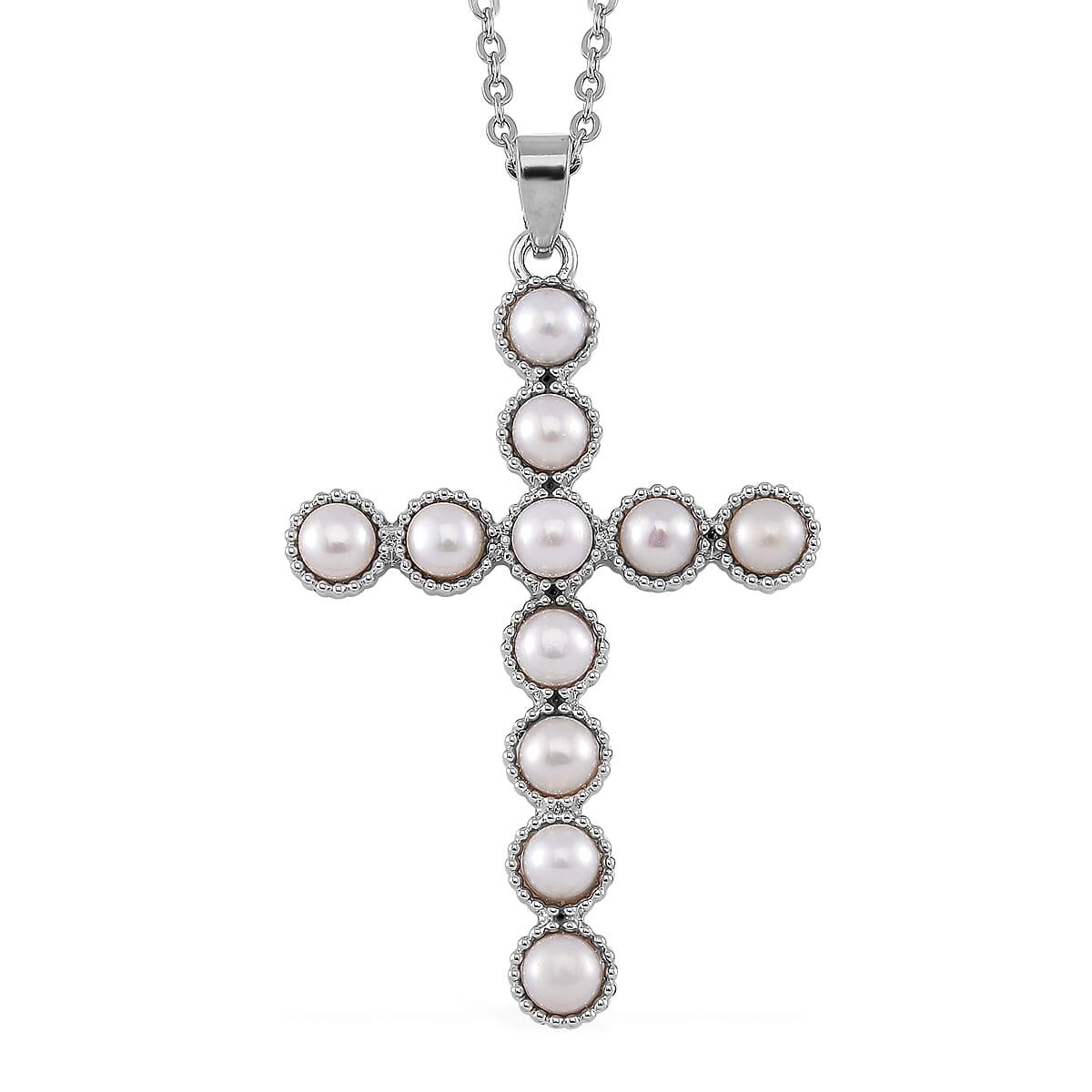 White Freshwater Pearl Cross Pendant in Goldtone with Stainless Steel Necklace 20 Inches