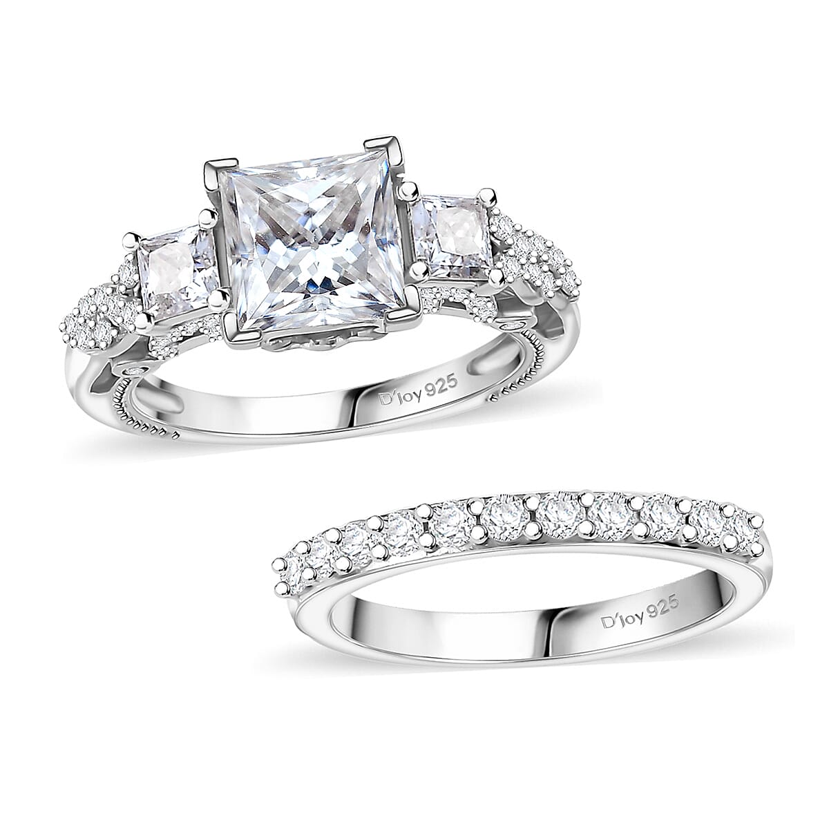 Moissanite and Multi Gemstone 3.60 ctw Set of 2 Ring in Rhodium Over Sterling Silver (Size 5.0)