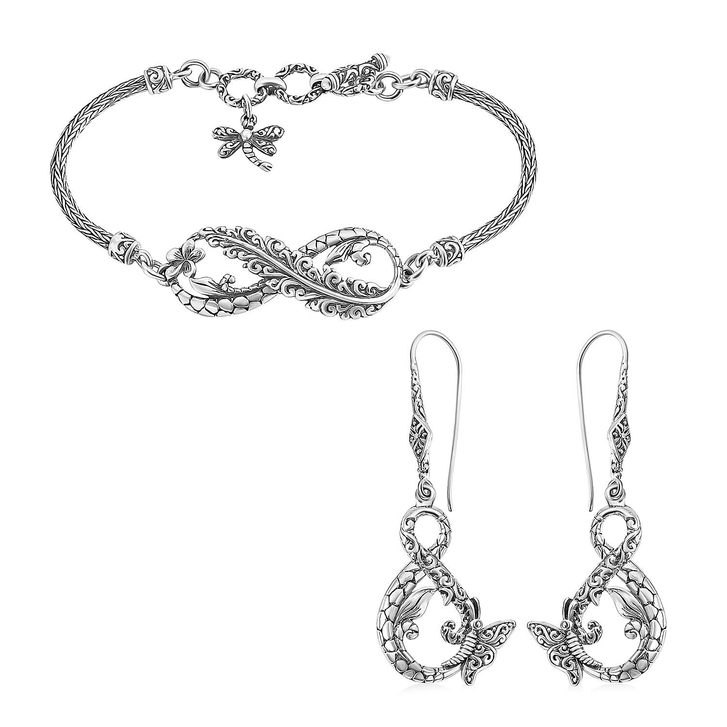 Bali Legacy Set of 2 Filigiri with Dragonfly Sterling Silver Bracelet (8.00In) and Earring (19.25 g)