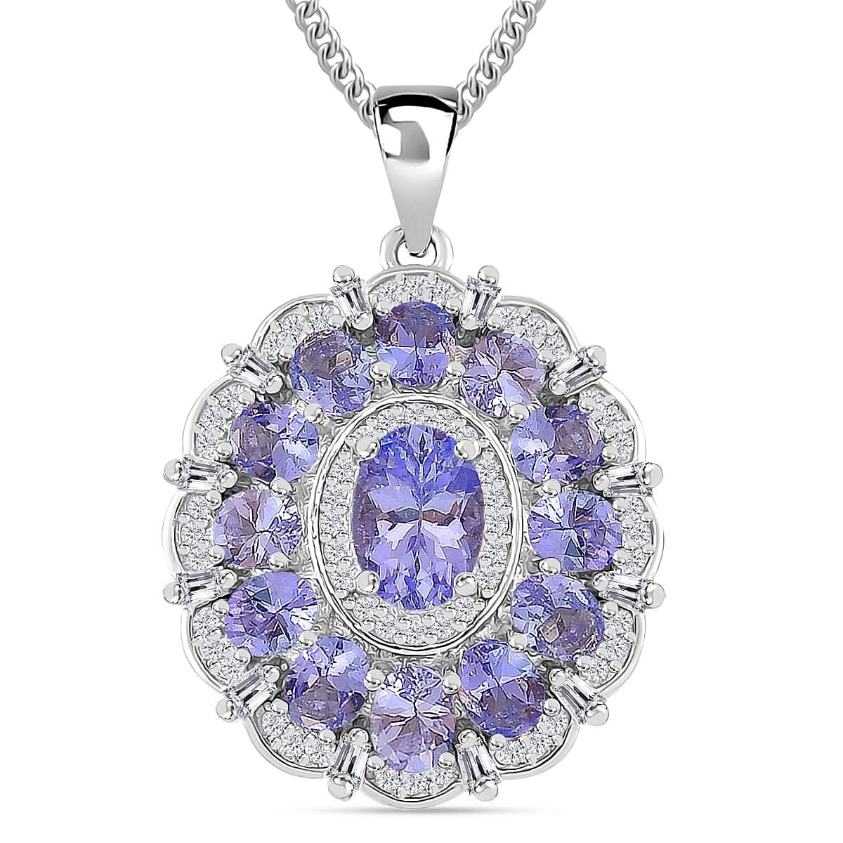 Tanzanite, Moissanite Pendant Necklace (20 Inches) in Rhodium Over Sterling Silver 3.40 ctw