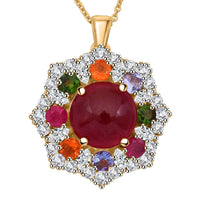 African Ruby (FF) and Multi Gemstone 12.00 ctw Radiant Blossom Pendant Necklace in Vermeil Yellow Gold Over Sterling Silver 20 Inches