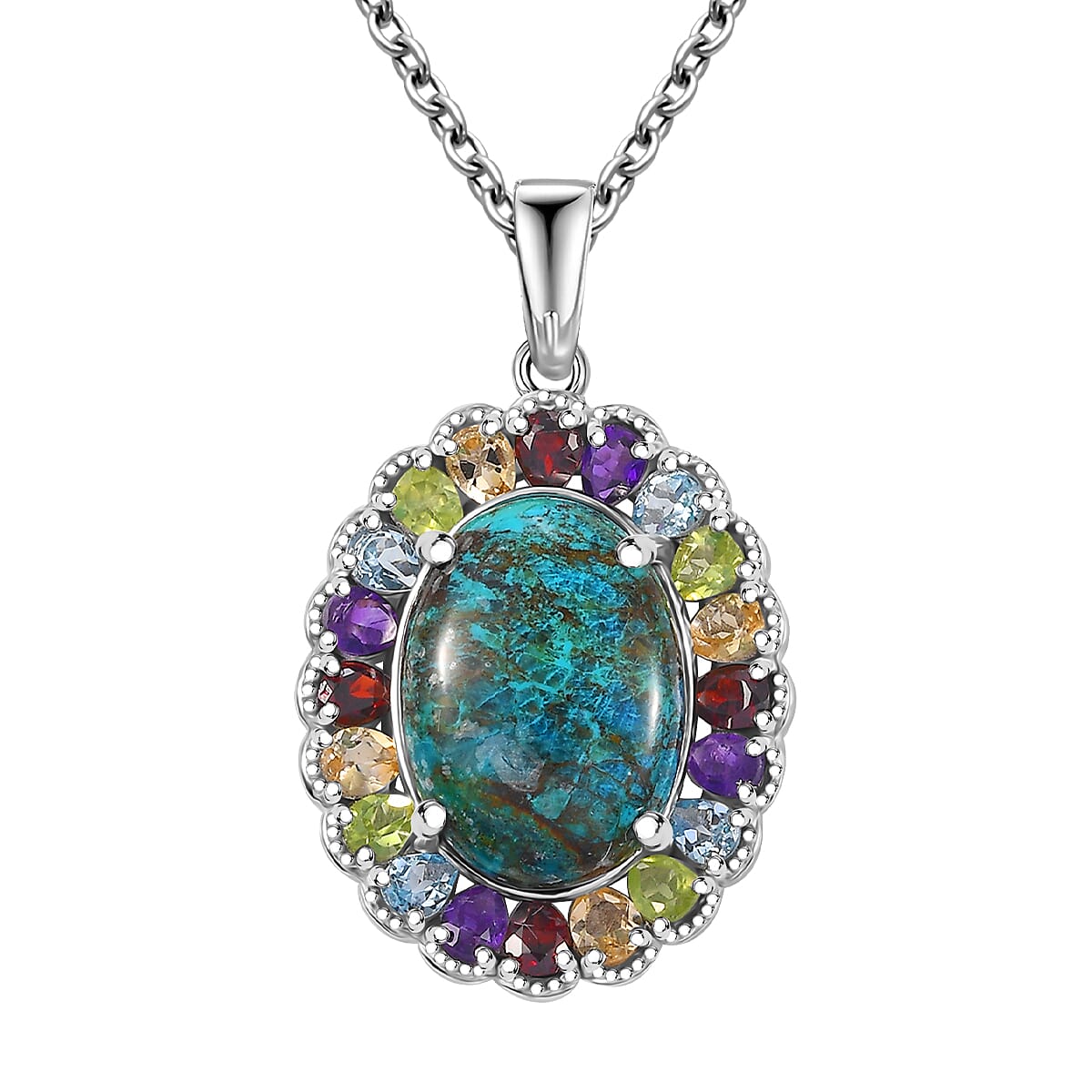 Table Mountain Shadowkite and Multi Gemstones 16.40 ctw Daisy Flower Pendant in Platinum Over Sterling Silver with Stainless Steel Necklace 20 Inches