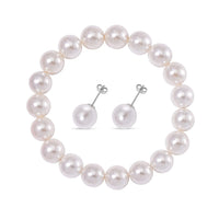 White Shell Pearl Stretch Bracelet and Earrings in Rhodium Over Sterling Silver (Del. in 8-10 Days)