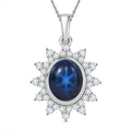 Blue Star Sapphire (DF) and Moissanite 6.75 ctw Starburst Pendant Necklace in Rhodium Over Sterling Silver 20 Inches - Sticky add to cart bar