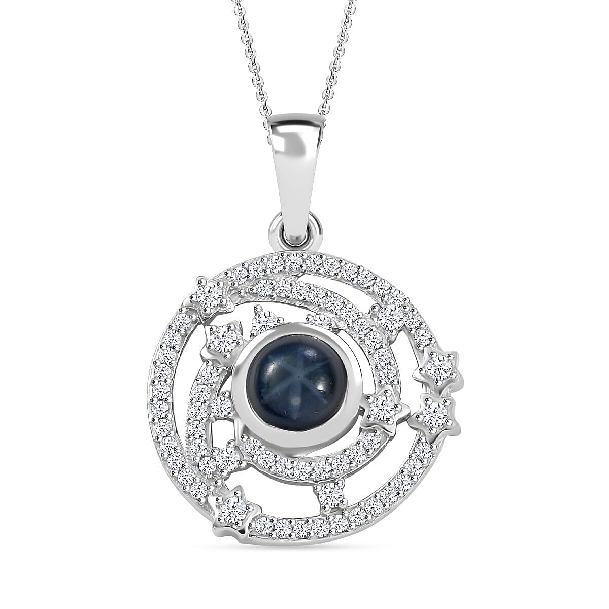 Blue Star Sapphire (DF) and Moissanite 2.00 ctw Celestial Star Pendant Necklace in Rhodium Over Sterling Silver 20 Inches