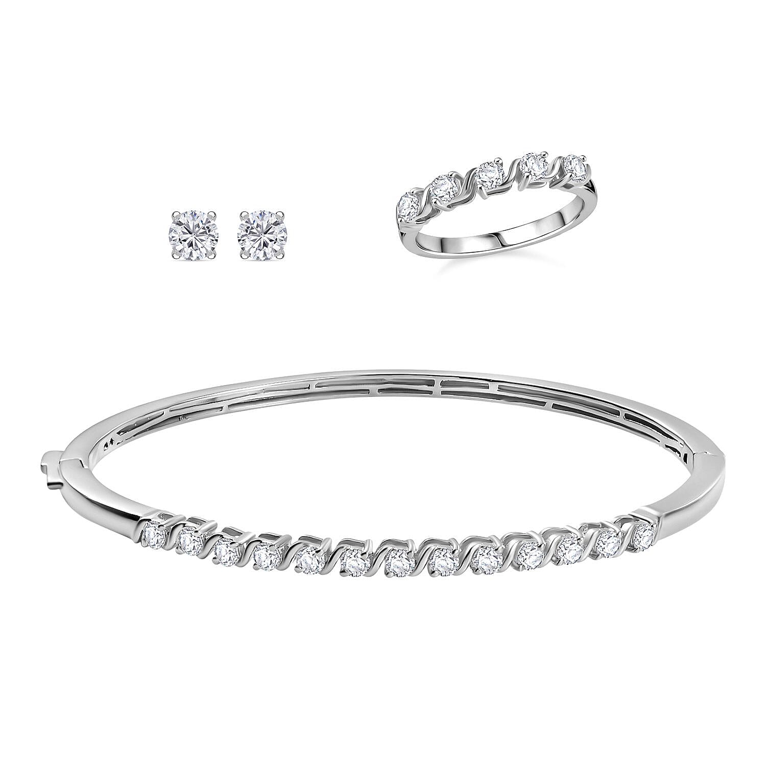 Moissanite 2.75 ctw Bangle Bracelet (7.25In), Band Ring (Size 7.0) and Solitaire Stud Earrings in Rhodium Over Sterling Silver