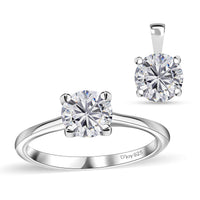 Moissanite (Rnd 6.5mm) Solitaire Ring (Size 5.0) and Pendant in Rhodium Over Sterling Silver 1.90 ctw