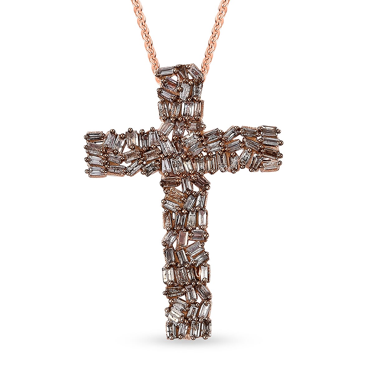 Natural Champagne Diamond 1.00 ctw Fire Crackle Cross Pendant Necklace in 18K Vermeil Rose Gold Over Sterling Silver 20 Inches