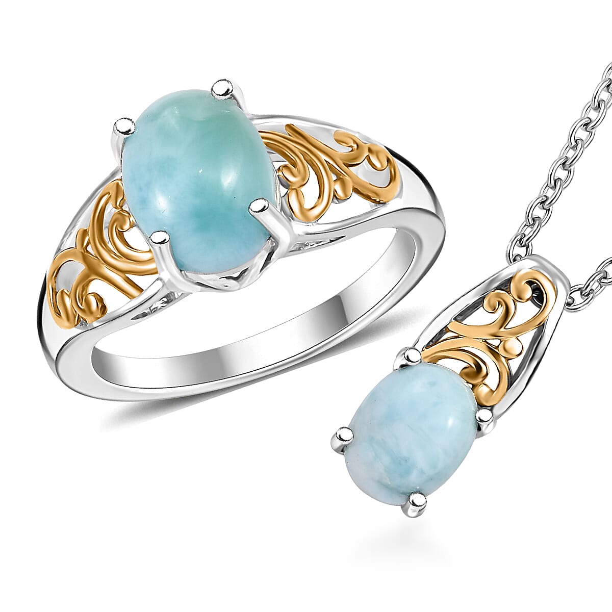 Karis Larimar Ring (Size 5.0) and Pendant in 18K YG Plated and Platinum Bond with Stainless Steel Necklace (20 Inches) 4.65 ctw