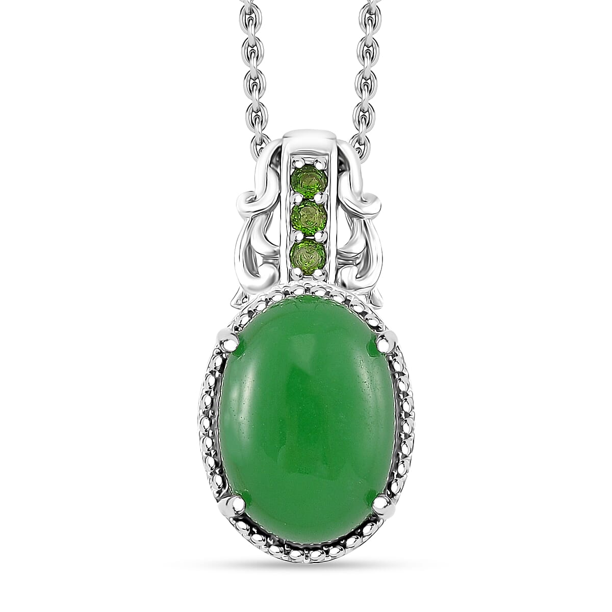 Green Jade, Chrome Diopside Pendant in Rhodium Over Sterling Silver with Stainless Steel Necklace (20 Inches) 7.85 ctw