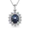 Blue Star Sapphire (DF) and Moissanite 9.50 ctw Starburst Pendant Necklace in Platinum Over Sterling Silver 20 Inches - Sticky add to cart bar