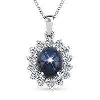 Blue Star Sapphire (DF) and Moissanite 9.50 ctw Starburst Pendant Necklace in Platinum Over Sterling Silver 20 Inches
