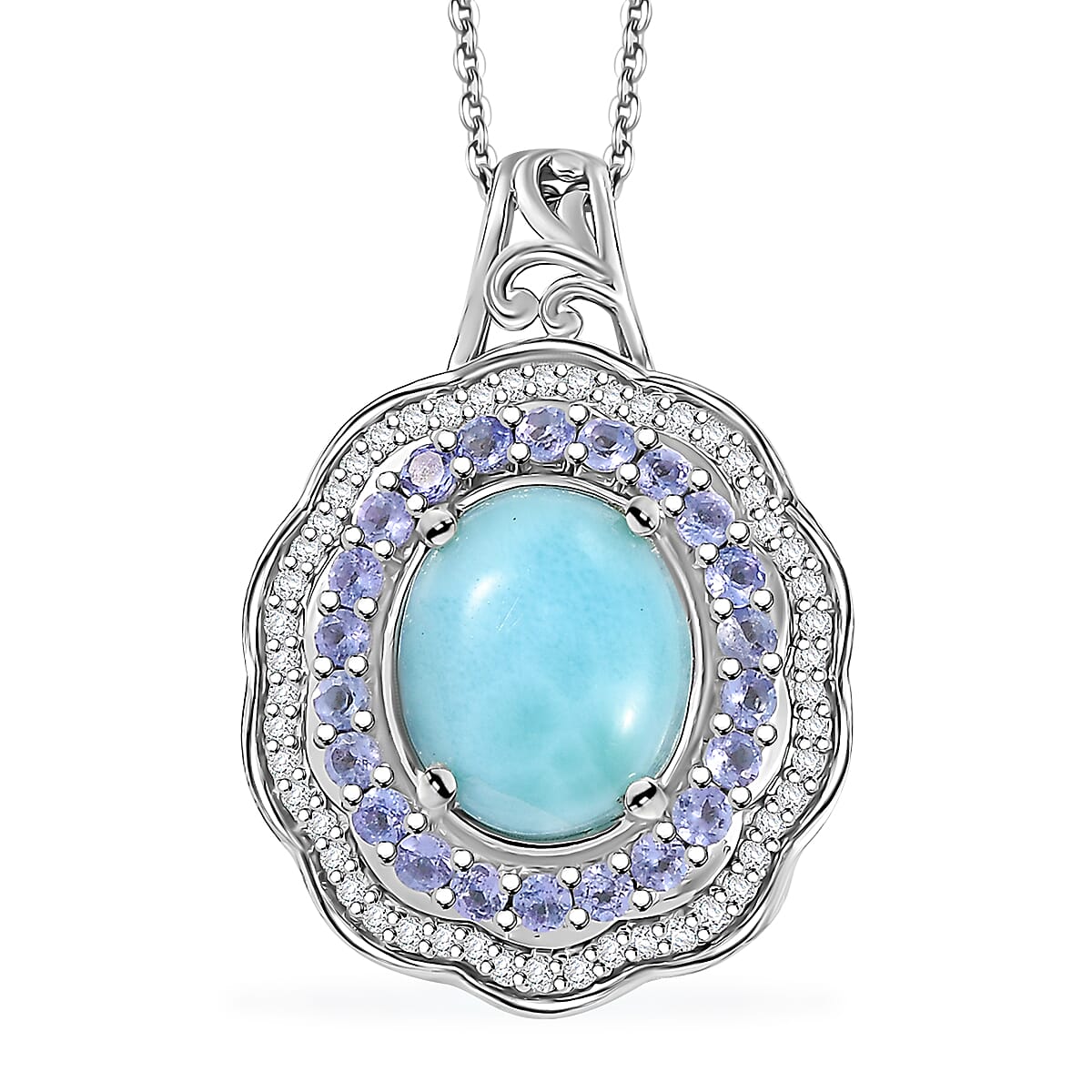 Natural Green Larimar and Multi Gemstone 7.35 ctw Ocean Bloom Pendant Necklace in Rhodium Over Sterling Silver 20 Inches