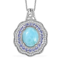 Natural Green Larimar and Multi Gemstone 7.35 ctw Ocean Bloom Pendant Necklace in Rhodium Over Sterling Silver 20 Inches