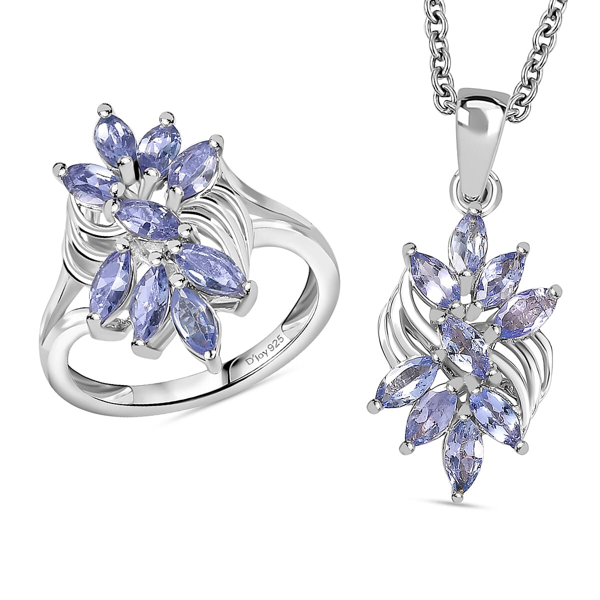 Tanzanite Floral Ring (Size 5.0), Pendant in Rhodium Over Sterling Silver with Stainless Steel Necklace (20 Inches) 1.40 ctw