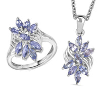 Tanzanite Floral Ring (Size 5.0), Pendant in Rhodium Over Sterling Silver with Stainless Steel Necklace (20 Inches) 1.40 ctw