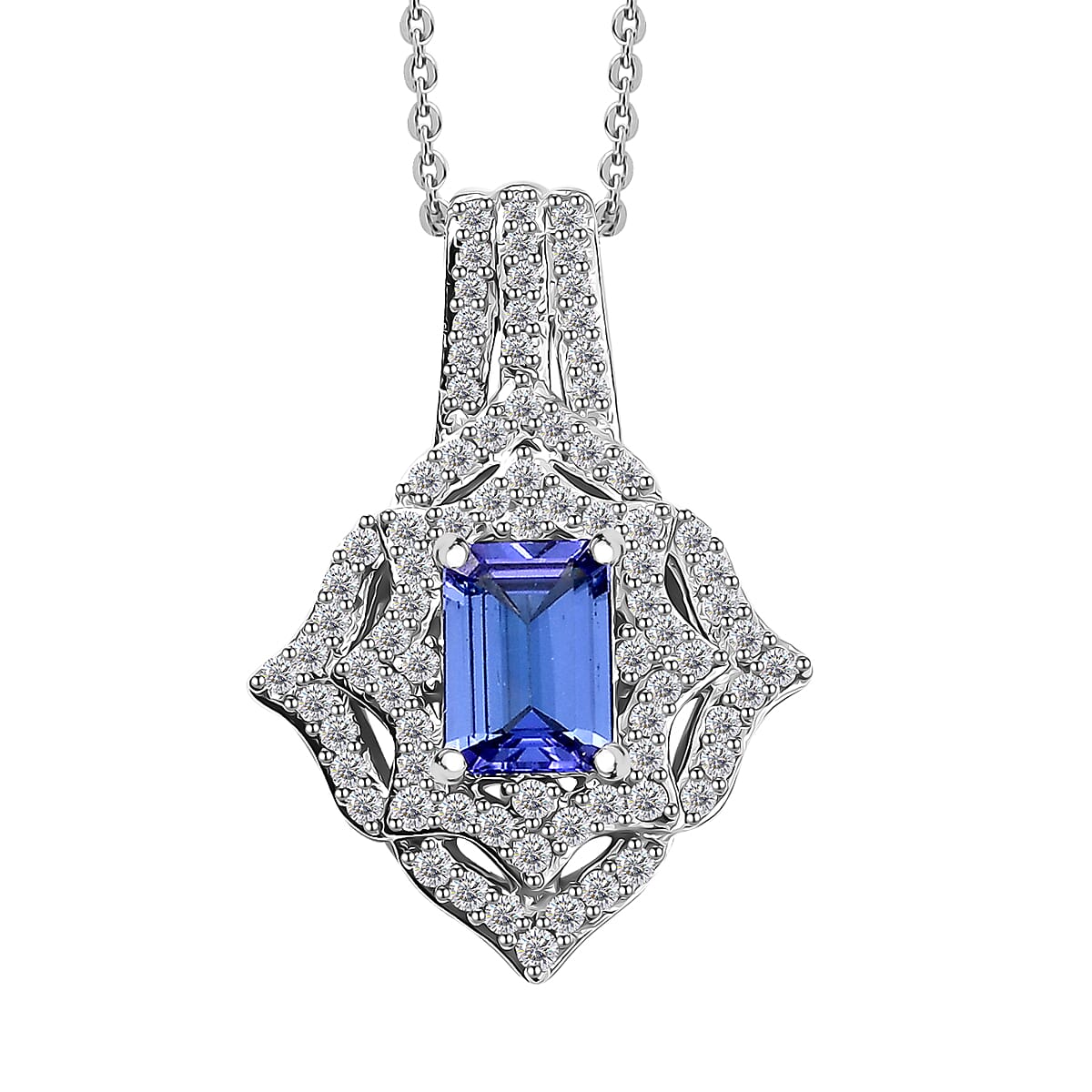 Premium Tanzanite and White Zircon 1.75 ctw Art Deco Pendant Necklace in Rhodium Over Sterling Silver 20 Inches