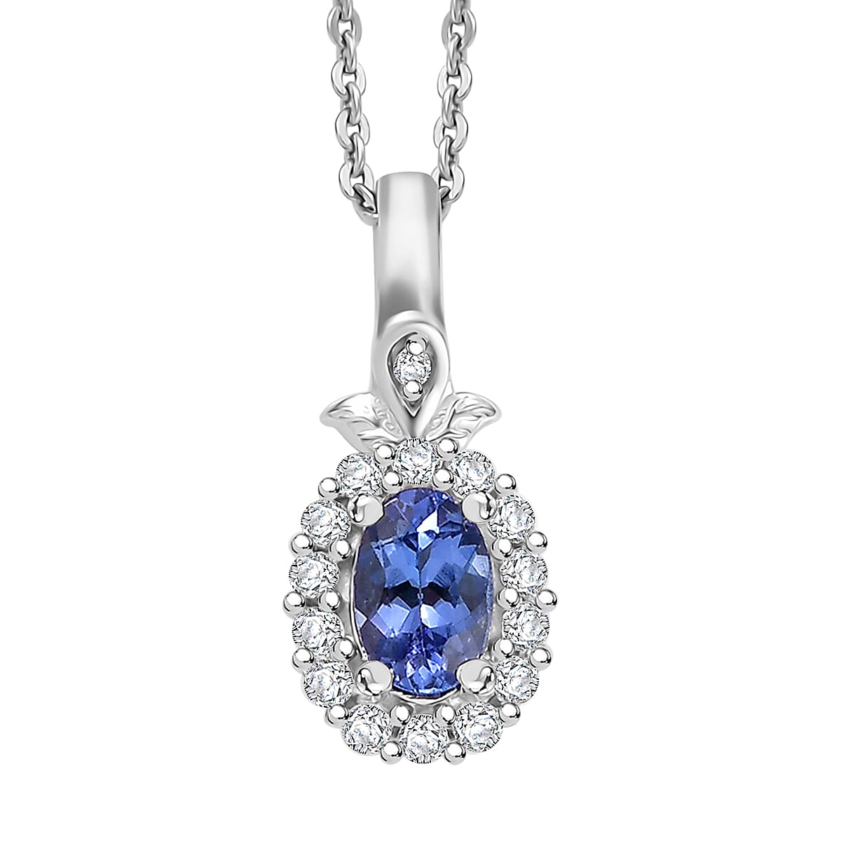 AAA Tanzanite and Moissanite 0.70 ctw Classic Halo Pendant Necklace in Rhodium Over Sterling Silver 20 Inches