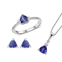 AAA Tanzanite, White Zircon Stud Earrings, Trilogy Ring (Size 5.0), Pendant Necklace (20 Inches) in Rhodium Over Sterling Silver 1.60 ctw