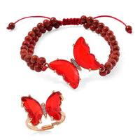 TLV Red Glass, Simulated Diamond and Red Jasper Beaded Butterfly Bracelet (6.0In) and Adjustable Ring in Goldtone 49.05 ctw