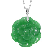 Green Jade Carved Rose Floral Pendant Necklace (18 Inches) in Rhodium Over Sterling Silver 40.00 ctw