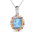 Premium Larimar and Multi Sapphire 4.00 ctw Floral Pendant Necklace in Rhodium Over Sterling Silver 18 Inches - Sticky add to cart bar