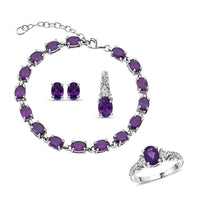 African Amethyst and White Topaz 16.50 ctw Bracelet (7In), Ring , Stud Earrings and Pendant in Rhodium Over Sterling Silver