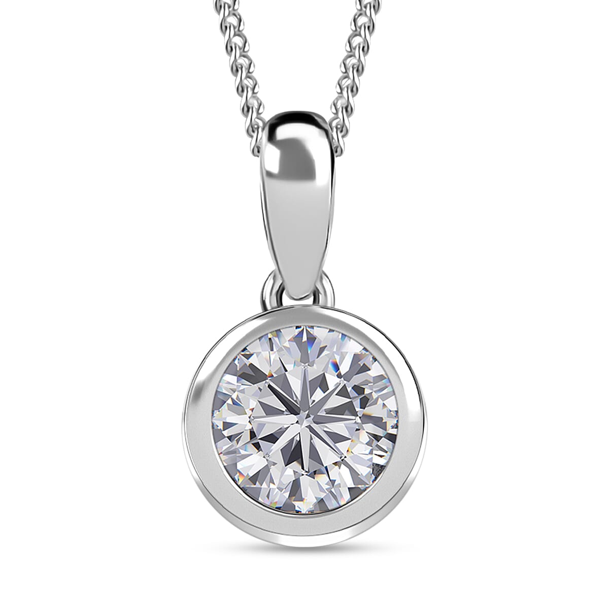 Moissanite (Rnd 7mm) Solitaire Pendant Necklace (20 Inches) in Rhodium Over Sterling Silver 1.20 ctw