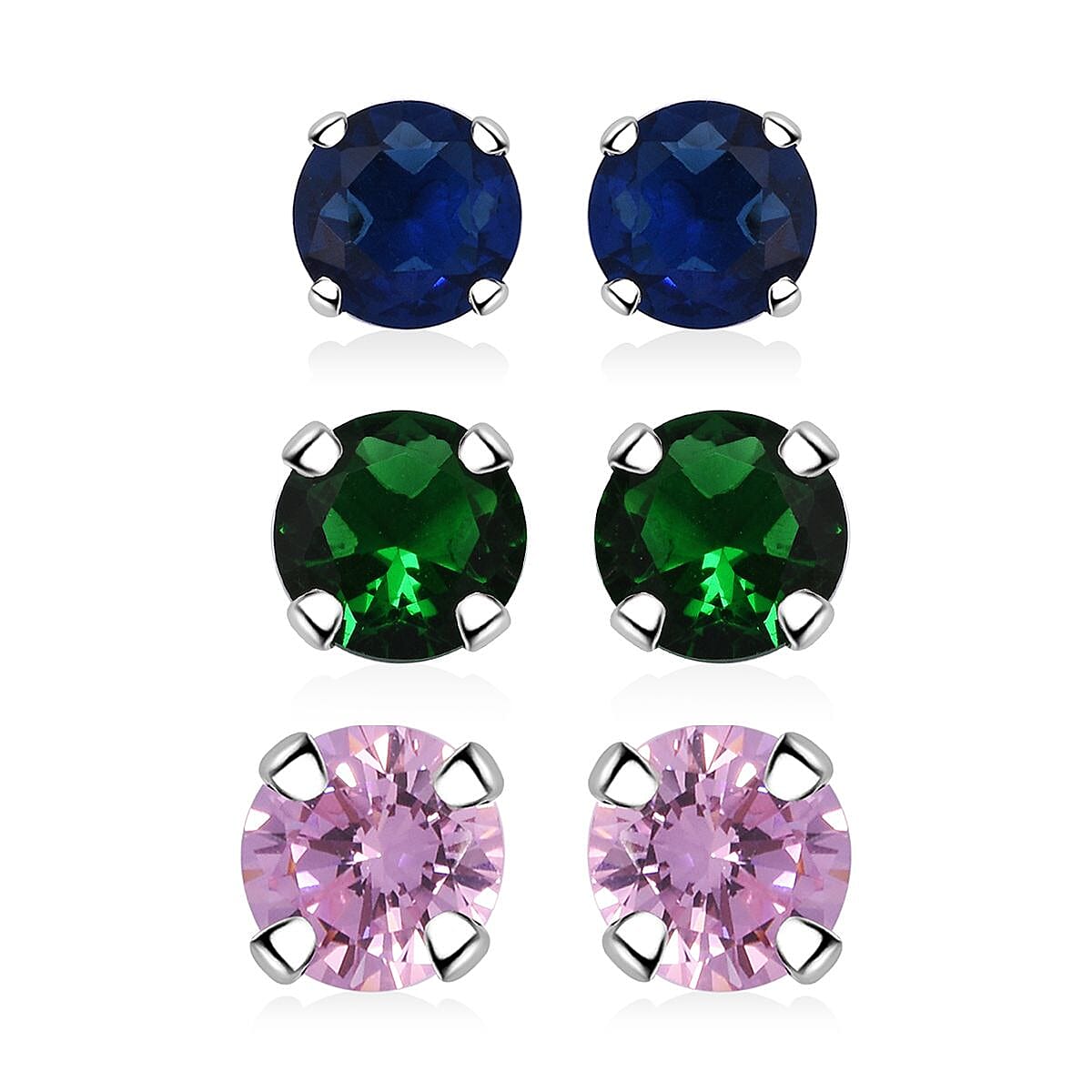 Set of 3 Simulated Green, Blue and Pink Diamond Stud Earrings in Sterling Silver