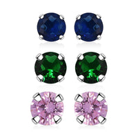 Set of 3 Simulated Green, Blue and Pink Diamond Stud Earrings in Sterling Silver